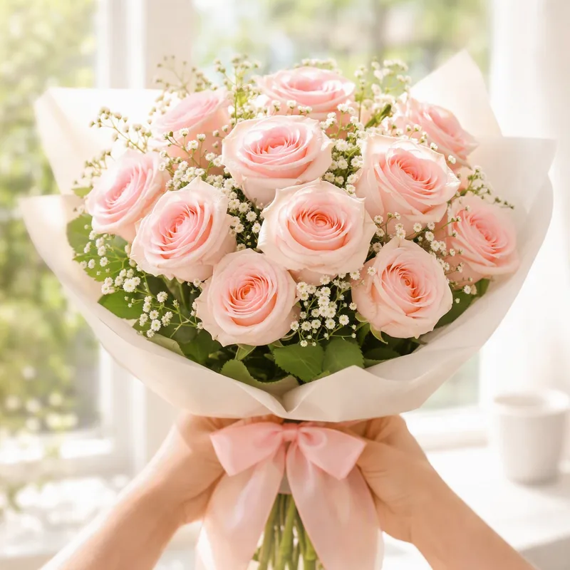 Bouquet de roses clair et lié à la main pour de jeunes parents