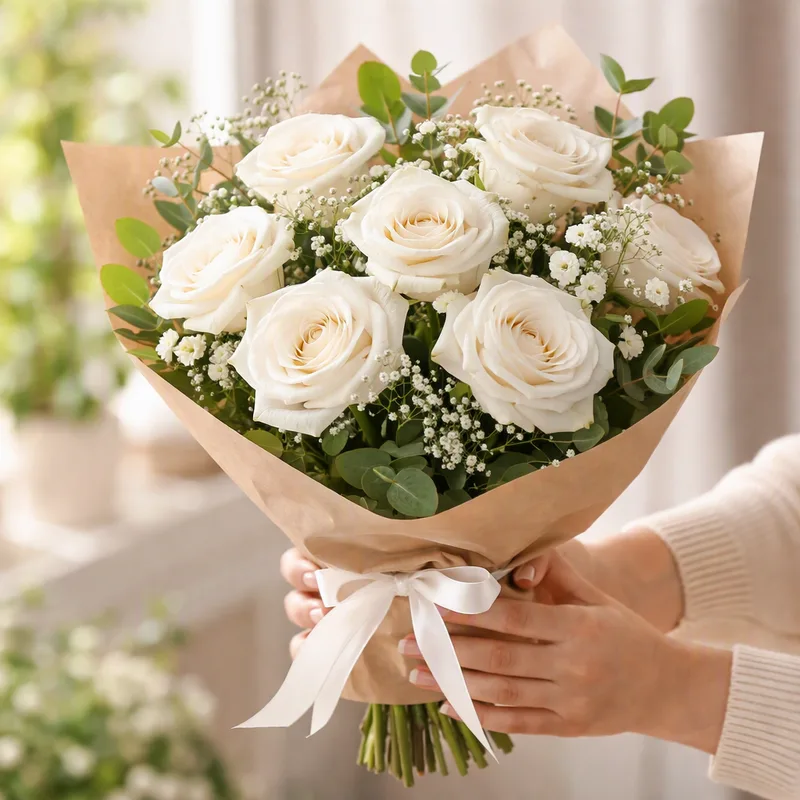 Bouquet de condoléances blanc lié à la main avec ruban de la part des collègues